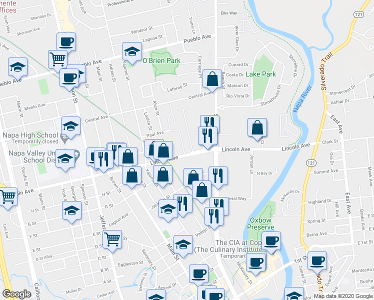 map of restaurants, bars, coffee shops, grocery stores, and more near 780 Lincoln Avenue in Napa