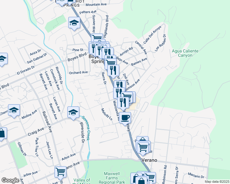 map of restaurants, bars, coffee shops, grocery stores, and more near 18460 Sonoma Highway in Sonoma