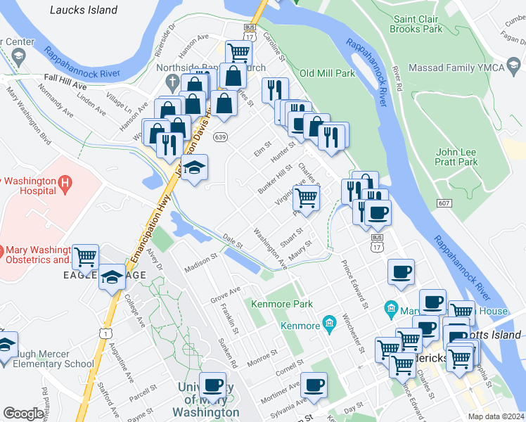 map of restaurants, bars, coffee shops, grocery stores, and more near 2000 Elmhurst Avenue in Fredericksburg