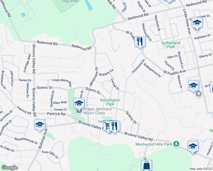 map of restaurants, bars, coffee shops, grocery stores, and more near 3205 Atherton Circle in Napa