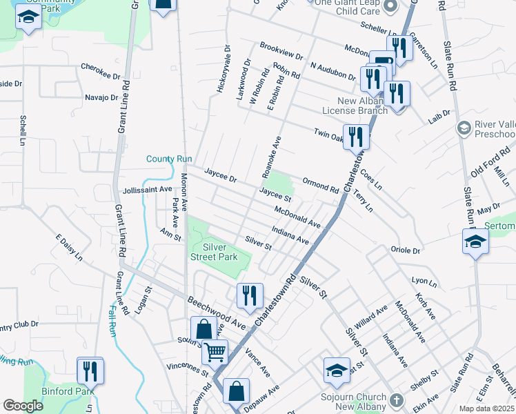 map of restaurants, bars, coffee shops, grocery stores, and more near 1925 McDonald Avenue in New Albany