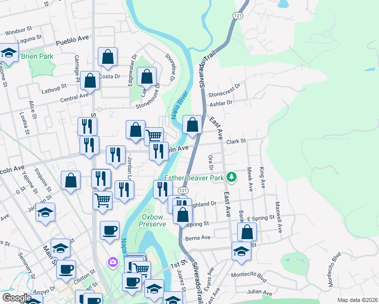 map of restaurants, bars, coffee shops, grocery stores, and more near 1655 Silverado Trail in Napa