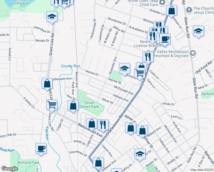 map of restaurants, bars, coffee shops, grocery stores, and more near 1925 McDonald Avenue in New Albany