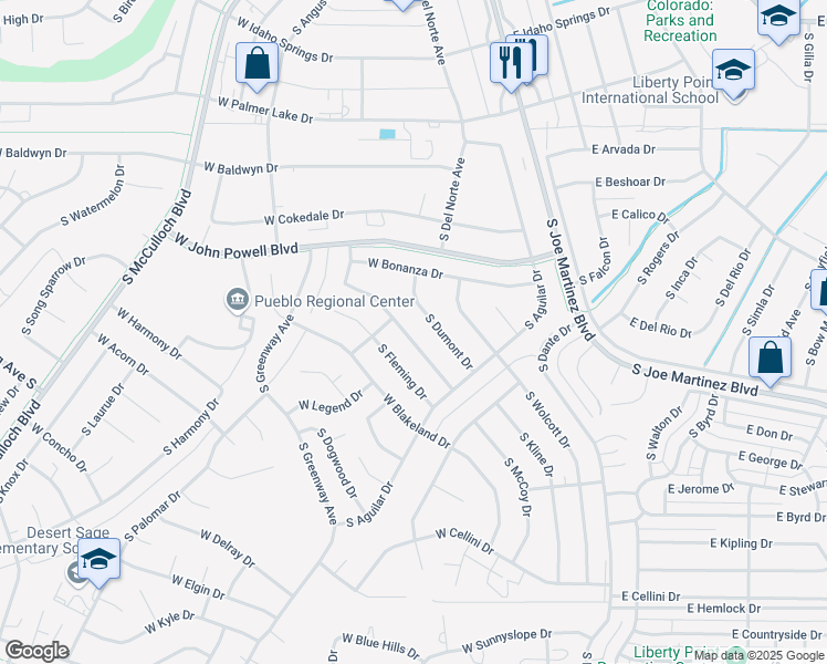 map of restaurants, bars, coffee shops, grocery stores, and more near 684 South McCoy Drive in Pueblo West