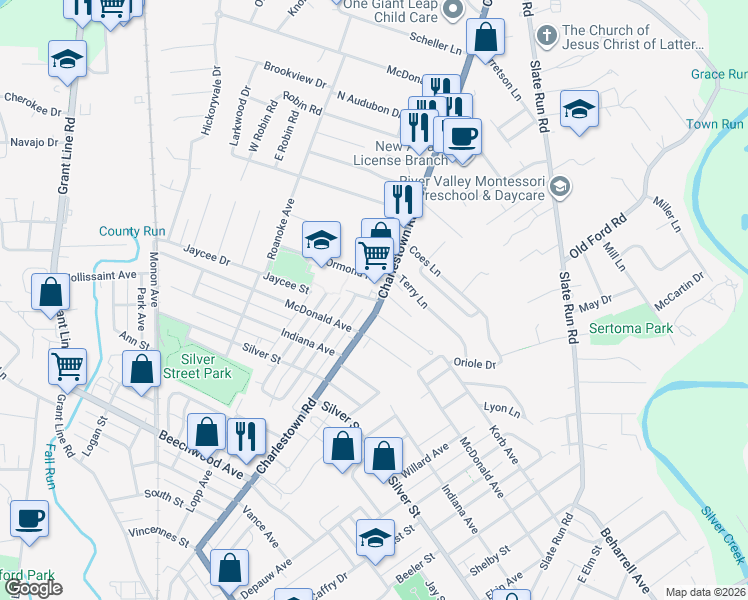 map of restaurants, bars, coffee shops, grocery stores, and more near 1725 Abbie Dell Avenue in New Albany