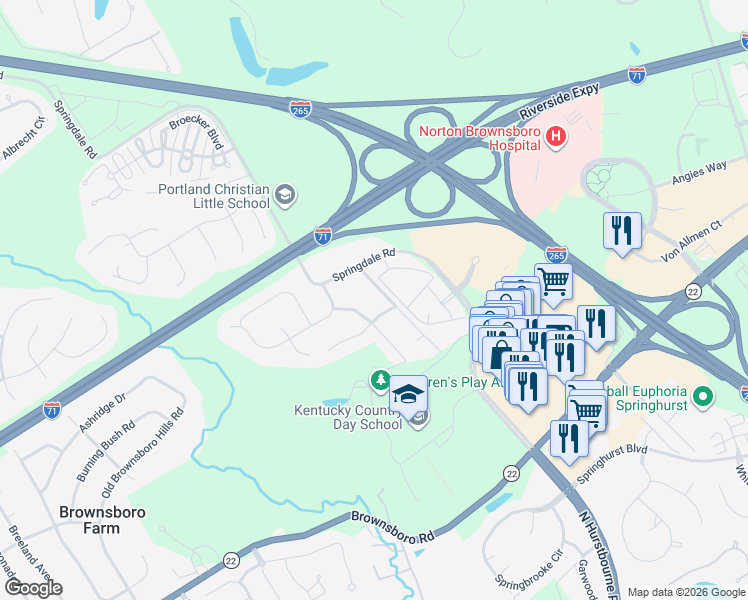 map of restaurants, bars, coffee shops, grocery stores, and more near 8903 Swan Hill Road in Louisville