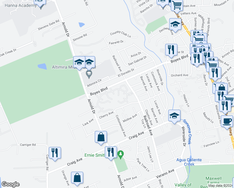 map of restaurants, bars, coffee shops, grocery stores, and more near 18108 California Court in Sonoma