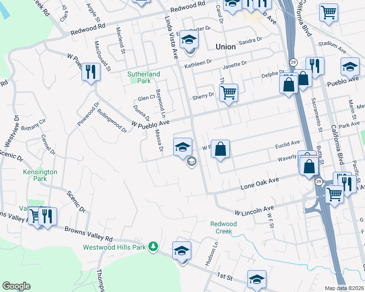 map of restaurants, bars, coffee shops, grocery stores, and more near 2321 Roberto Street in Napa