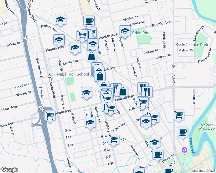 map of restaurants, bars, coffee shops, grocery stores, and more near 2288 Brown Street in Napa