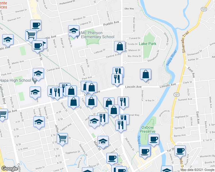 map of restaurants, bars, coffee shops, grocery stores, and more near 780 Lincoln Avenue in Napa