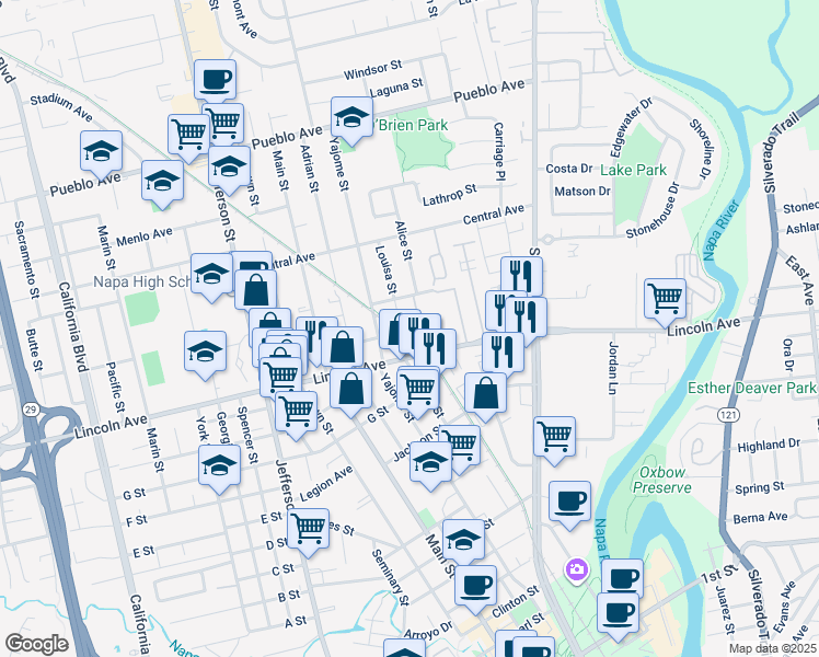 map of restaurants, bars, coffee shops, grocery stores, and more near 2222 Louisa Street in Napa