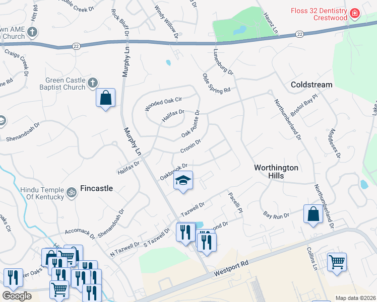 map of restaurants, bars, coffee shops, grocery stores, and more near 11910 Oak Bay Place in Louisville