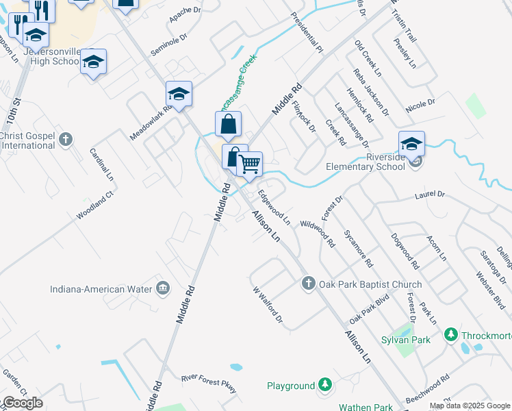 map of restaurants, bars, coffee shops, grocery stores, and more near 1510 Allison Lane in Jeffersonville