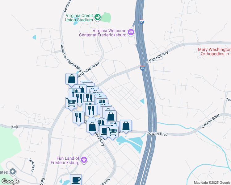 map of restaurants, bars, coffee shops, grocery stores, and more near 1841 Sag Harbor Lane in Fredericksburg