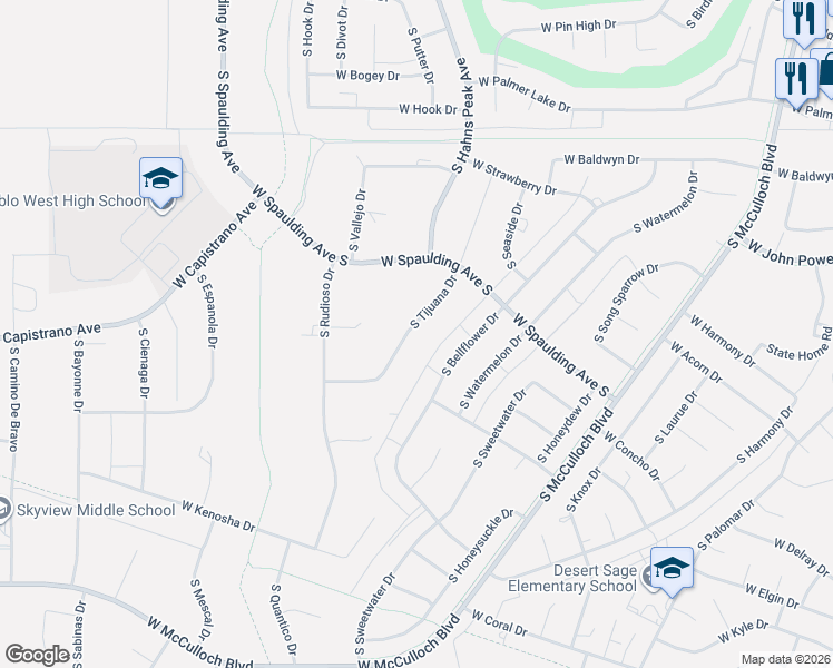 map of restaurants, bars, coffee shops, grocery stores, and more near 760 South Tijuana Drive in Pueblo West