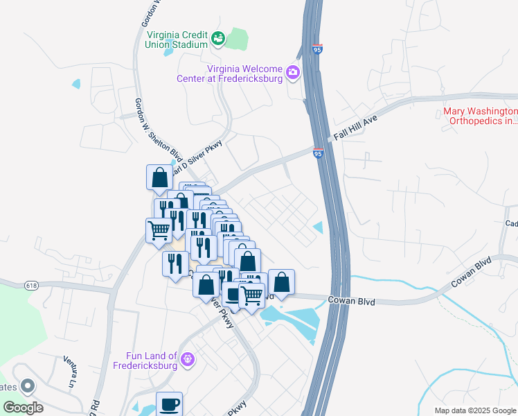 map of restaurants, bars, coffee shops, grocery stores, and more near 1841 Sag Harbor Lane in Fredericksburg