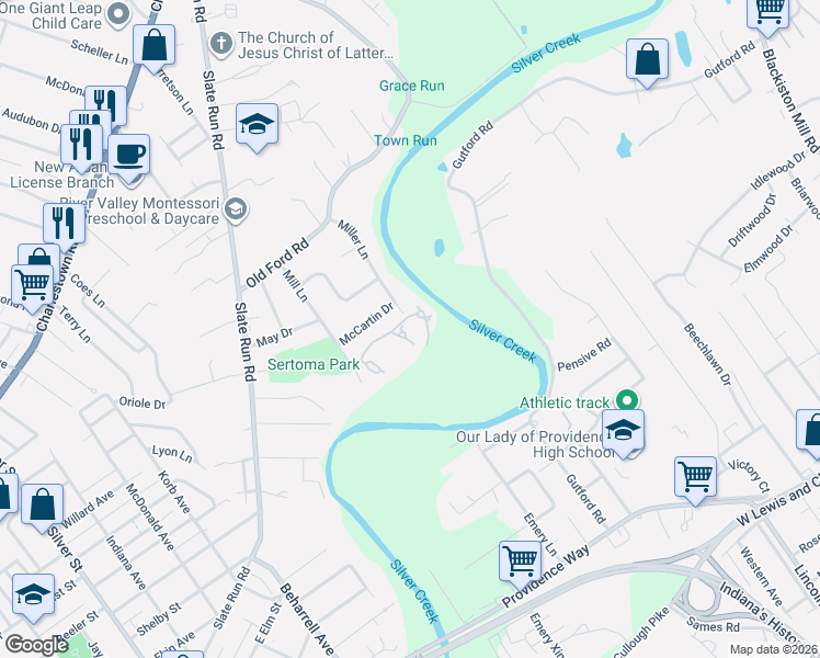map of restaurants, bars, coffee shops, grocery stores, and more near 24 Bellewood Court in New Albany
