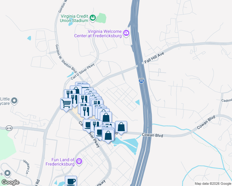map of restaurants, bars, coffee shops, grocery stores, and more near 1824 Sag Harbor Lane in Fredericksburg