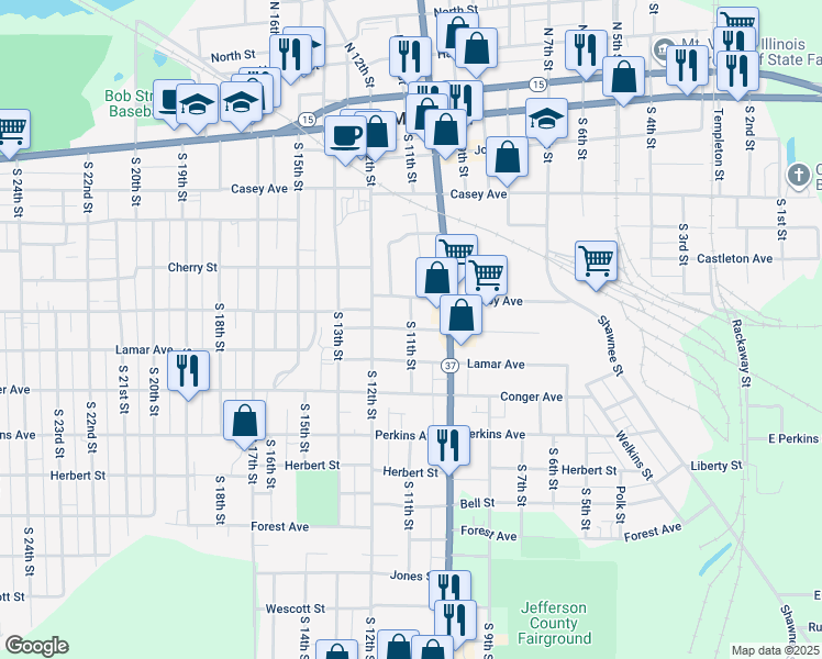 map of restaurants, bars, coffee shops, grocery stores, and more near South 11th Street in Mount Vernon