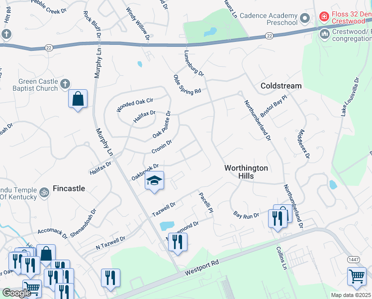 map of restaurants, bars, coffee shops, grocery stores, and more near 5112 Rising Oak Court in Louisville