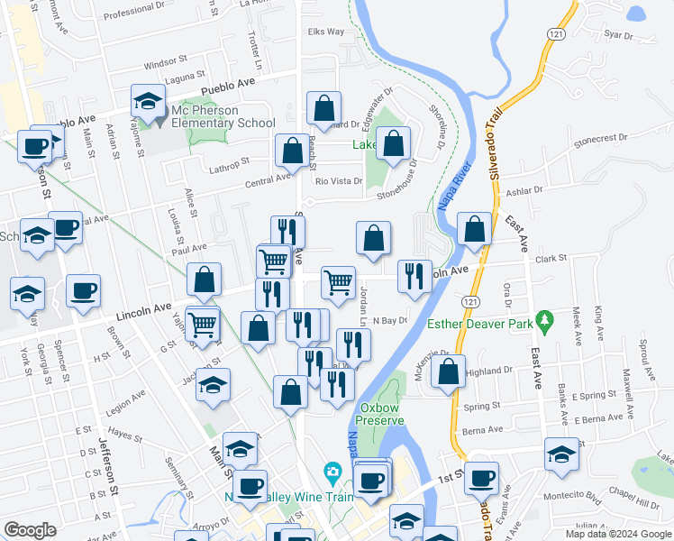 map of restaurants, bars, coffee shops, grocery stores, and more near 674 Lincoln Avenue in Napa