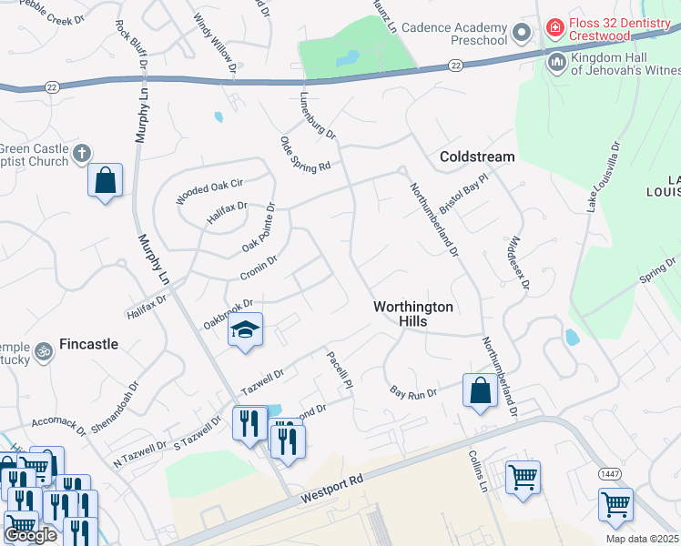 map of restaurants, bars, coffee shops, grocery stores, and more near 11722 Oak Bay Drive in Louisville