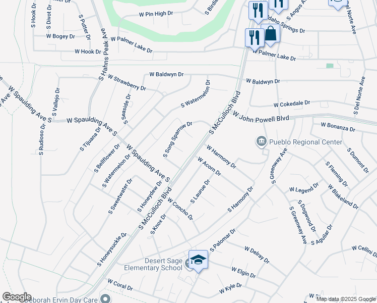 map of restaurants, bars, coffee shops, grocery stores, and more near 705 South Knox Drive in Pueblo West