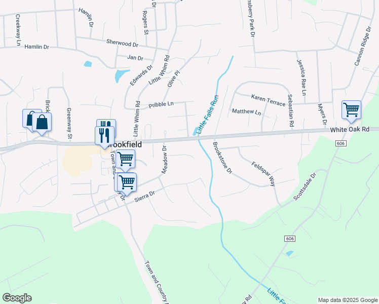 map of restaurants, bars, coffee shops, grocery stores, and more near 11 Falling Water Court in Fredericksburg