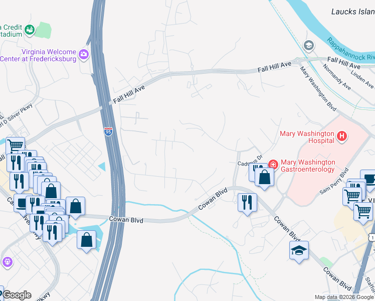 map of restaurants, bars, coffee shops, grocery stores, and more near 1012 Jami's Place in Fredericksburg