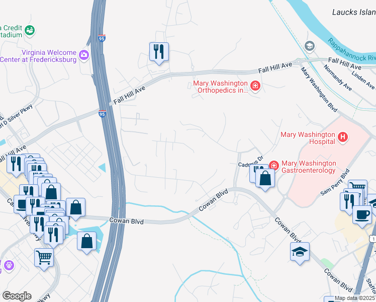 map of restaurants, bars, coffee shops, grocery stores, and more near 1012 Jami's Place in Fredericksburg