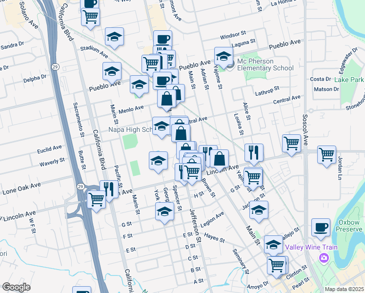 map of restaurants, bars, coffee shops, grocery stores, and more near in Napa