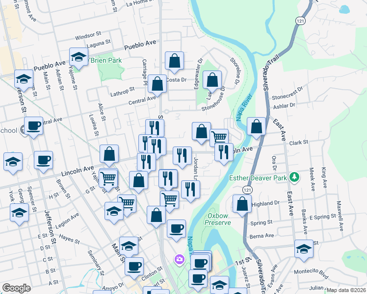 map of restaurants, bars, coffee shops, grocery stores, and more near in Napa
