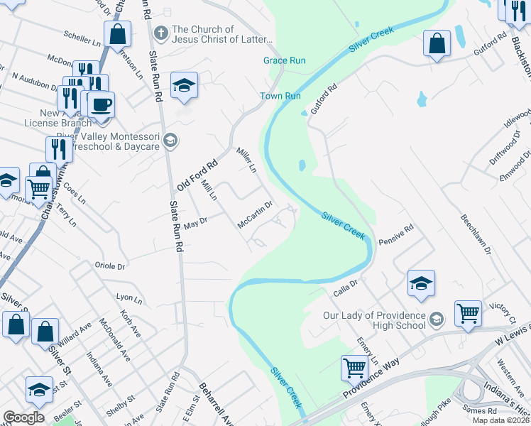 map of restaurants, bars, coffee shops, grocery stores, and more near Bellewood Drive in New Albany