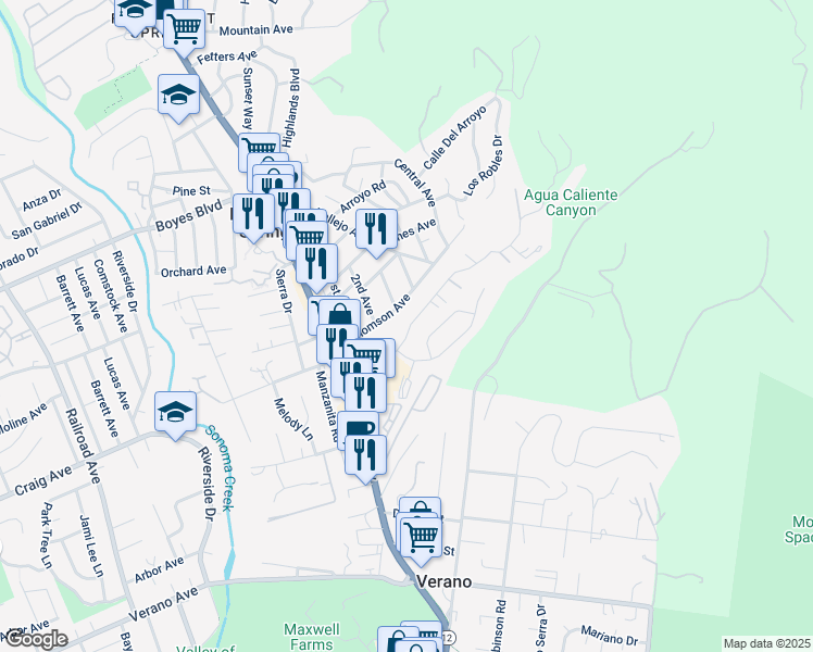 map of restaurants, bars, coffee shops, grocery stores, and more near 601 Barcelona Drive in Sonoma
