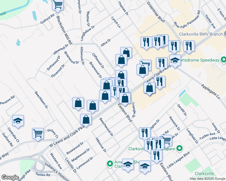 map of restaurants, bars, coffee shops, grocery stores, and more near 213 East Lewis and Clark Parkway in Clarksville