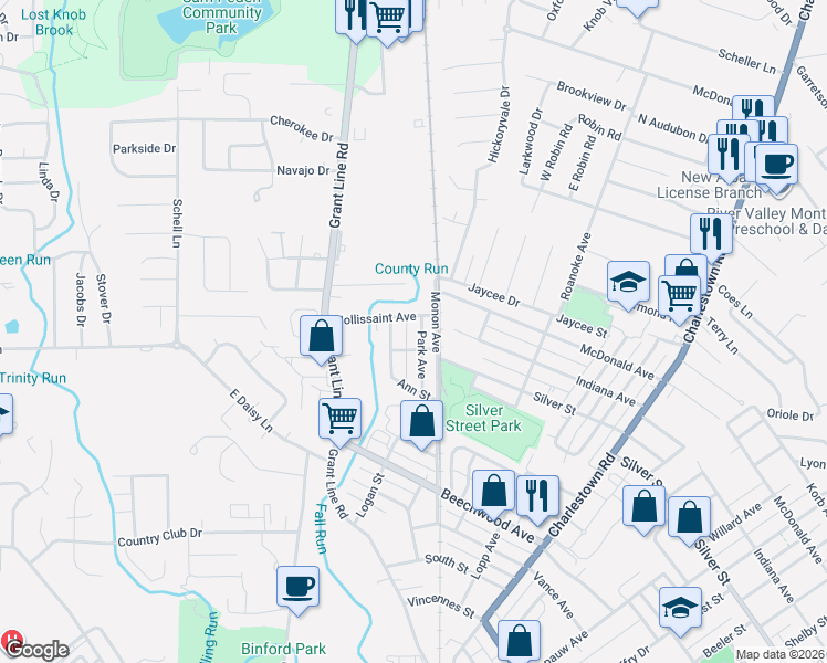 map of restaurants, bars, coffee shops, grocery stores, and more near 2255 Park Avenue in New Albany