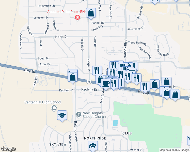 map of restaurants, bars, coffee shops, grocery stores, and more near 1920 Valley Drive in Pueblo