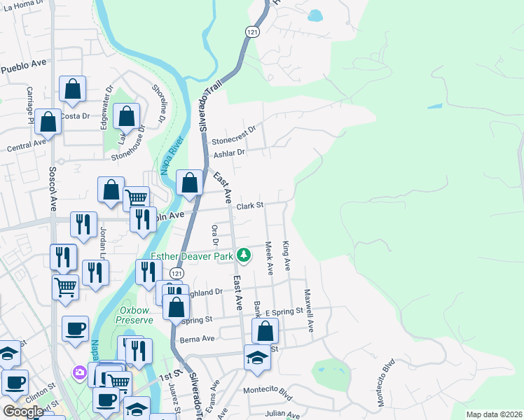 map of restaurants, bars, coffee shops, grocery stores, and more near 1701 Meek Avenue in Napa