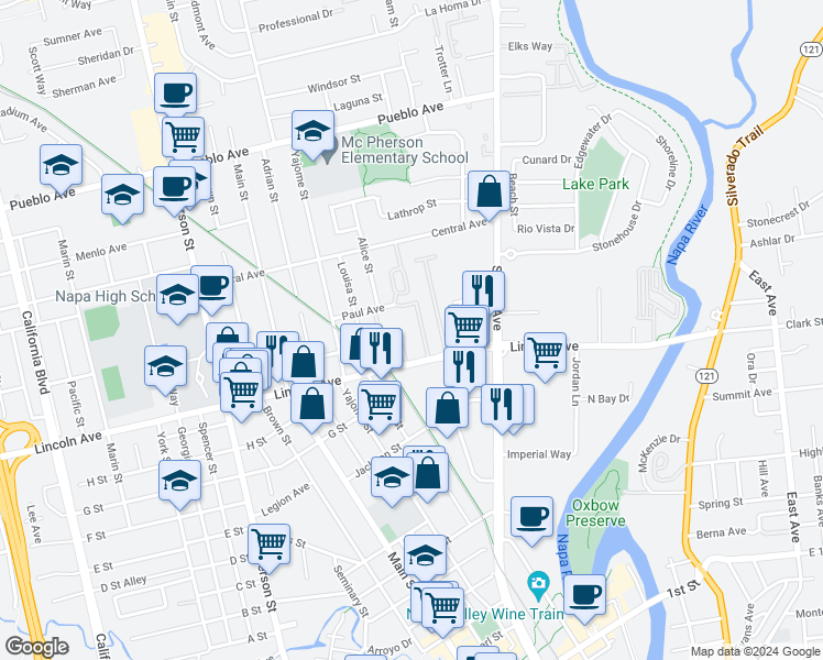 map of restaurants, bars, coffee shops, grocery stores, and more near 796 Lincoln Avenue in Napa