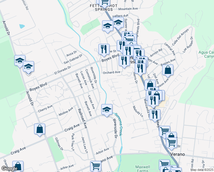 map of restaurants, bars, coffee shops, grocery stores, and more near 18474 Happy Lane in Sonoma