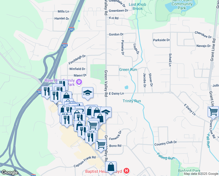 map of restaurants, bars, coffee shops, grocery stores, and more near 2324 Green Valley Road in New Albany