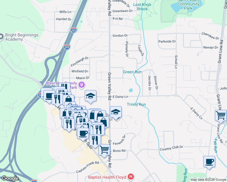 map of restaurants, bars, coffee shops, grocery stores, and more near 2406 Green Valley Road in New Albany