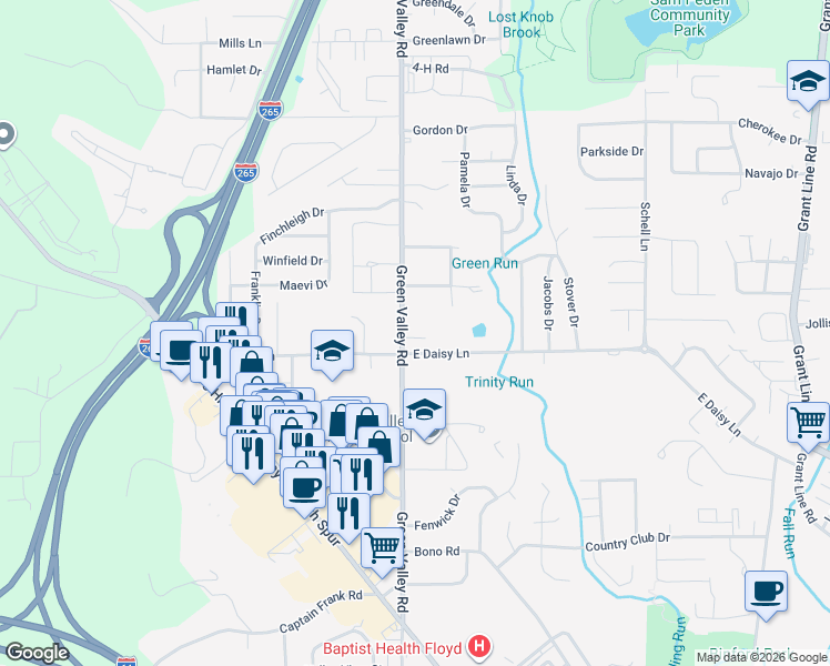 map of restaurants, bars, coffee shops, grocery stores, and more near 2406 Green Valley Road in New Albany