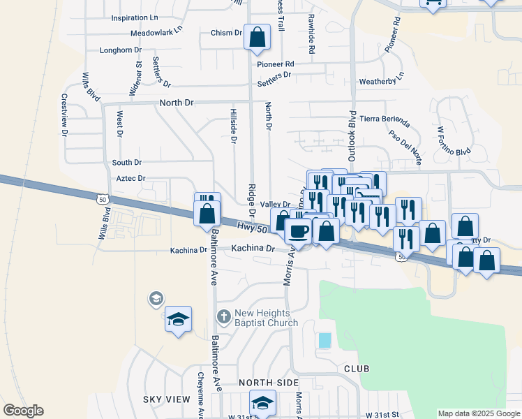 map of restaurants, bars, coffee shops, grocery stores, and more near 1920 Valley Drive in Pueblo
