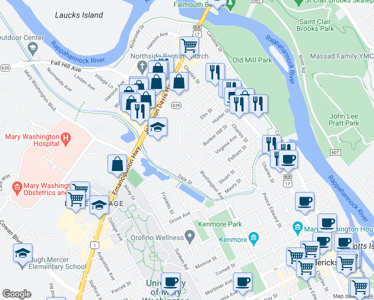 map of restaurants, bars, coffee shops, grocery stores, and more near 2101 Washington Avenue in Fredericksburg