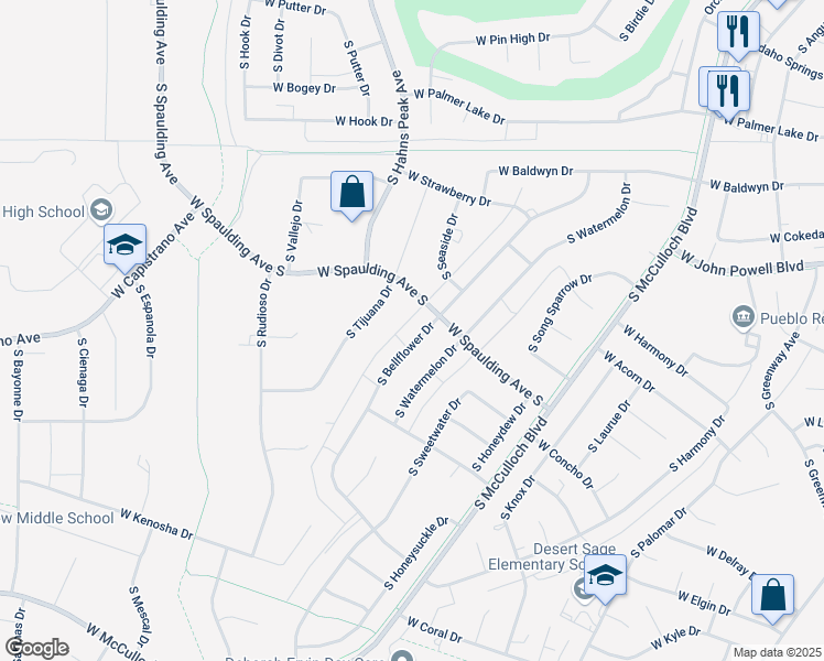 map of restaurants, bars, coffee shops, grocery stores, and more near 712 South Tijuana Drive in Pueblo West