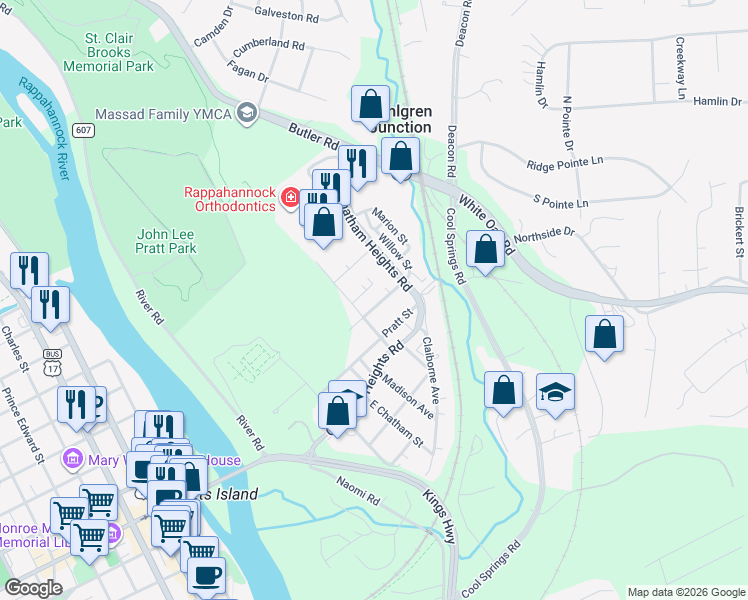 map of restaurants, bars, coffee shops, grocery stores, and more near 309 Burnside Avenue in Fredericksburg
