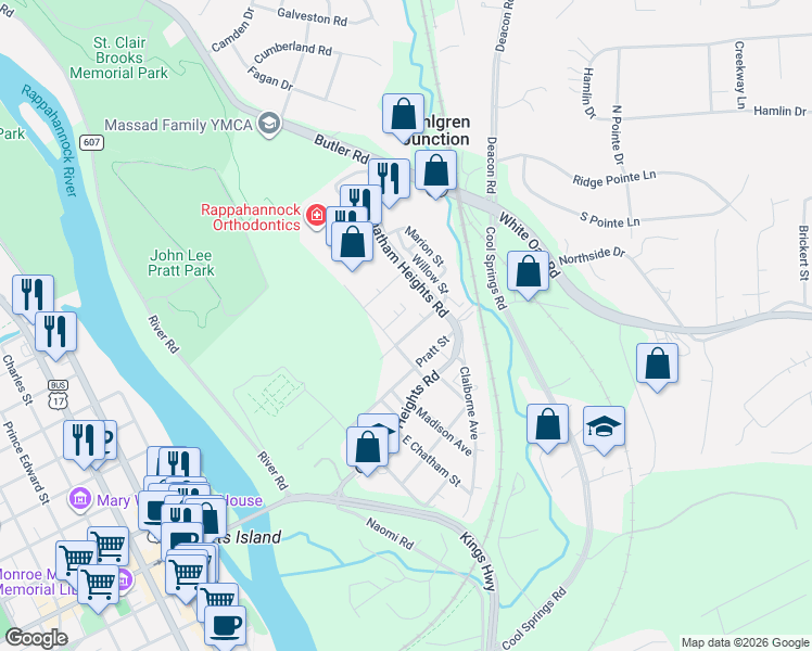 map of restaurants, bars, coffee shops, grocery stores, and more near 309 Burnside Avenue in Fredericksburg