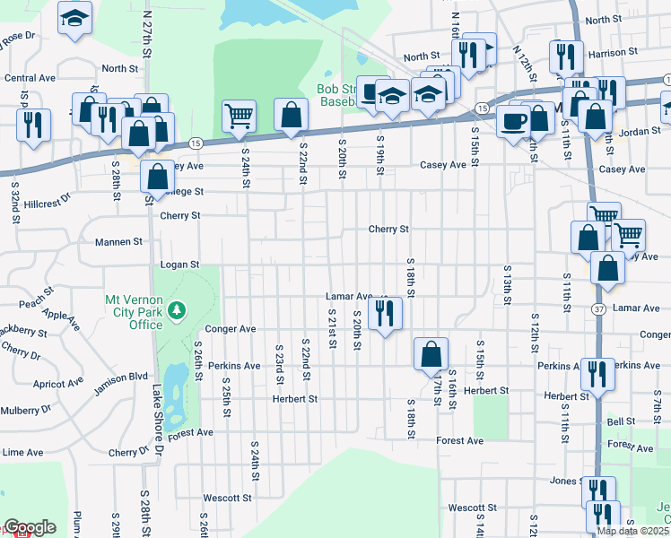 map of restaurants, bars, coffee shops, grocery stores, and more near 600 South 21st Street in Mount Vernon