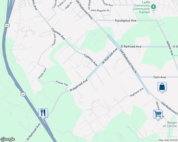 map of restaurants, bars, coffee shops, grocery stores, and more near 397 West Railroad Avenue in Cotati